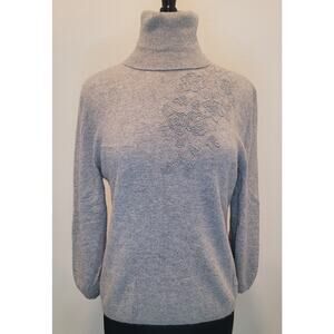 VTG Marshall Field’s Gray Cashmere Beaded Floral Turtleneck Sweater L